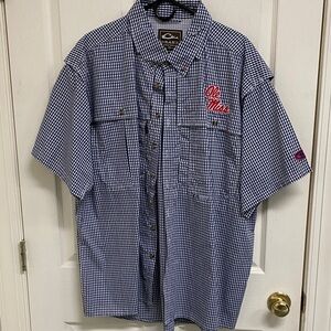 Drake XL Men's Blue Checkered button down Ole Miss logo Shirt